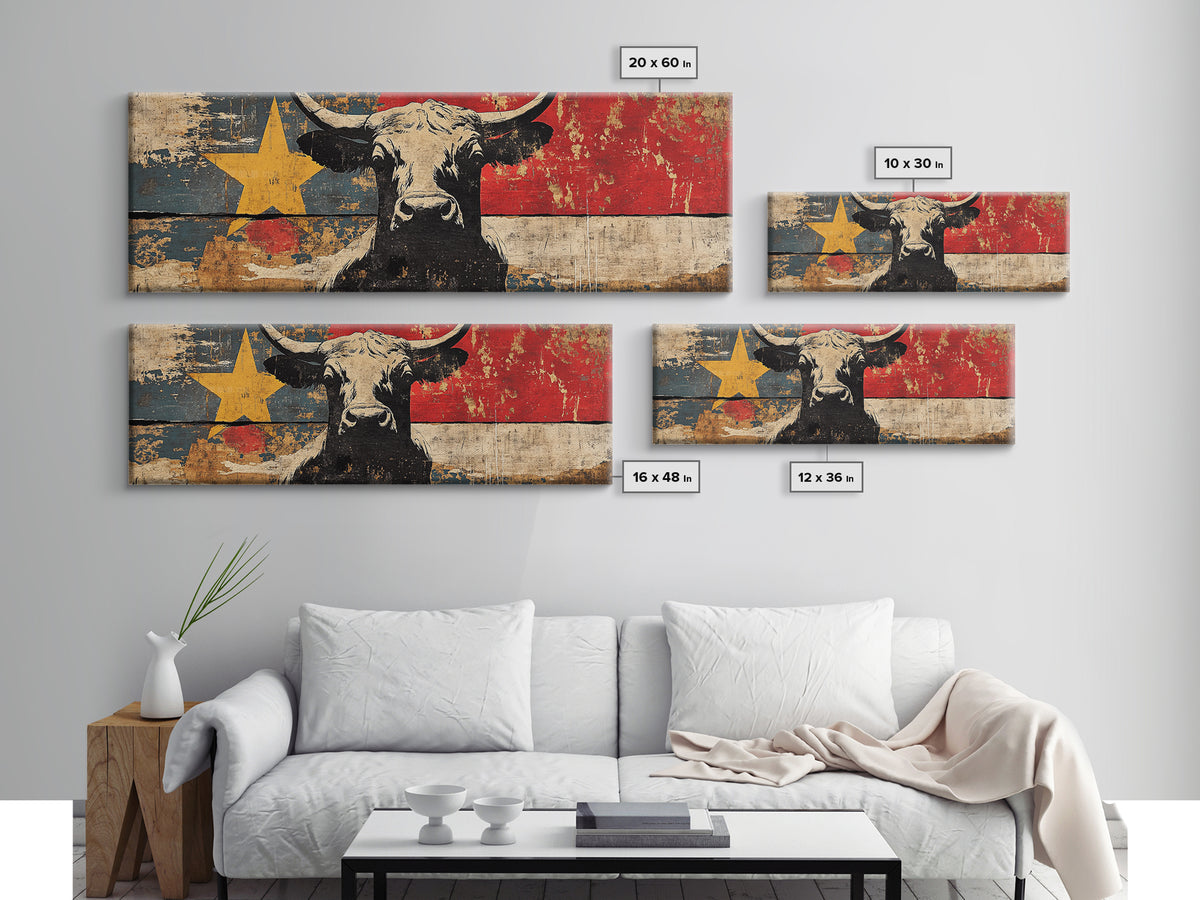 Black Longhorn Bull Texas Flag Wall Art, Western Canvas Print, Rustic Ranch Decor, Cowboy Man Cave Decor, Americana Gift