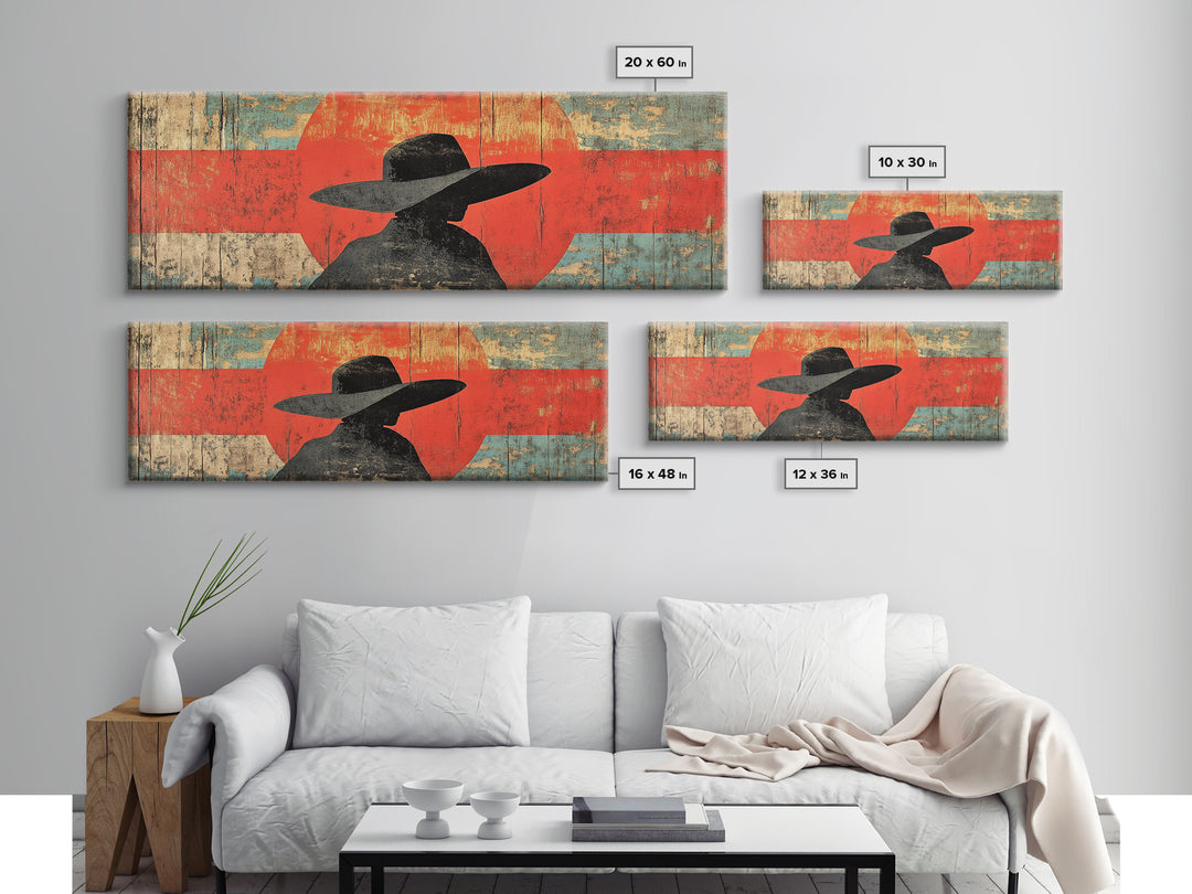 Cowboy Silhouette Red Sun Wall Art, Modern Western Canvas Print, Rustic Ranch Decor, Southwestern Living Room Statement Artwork