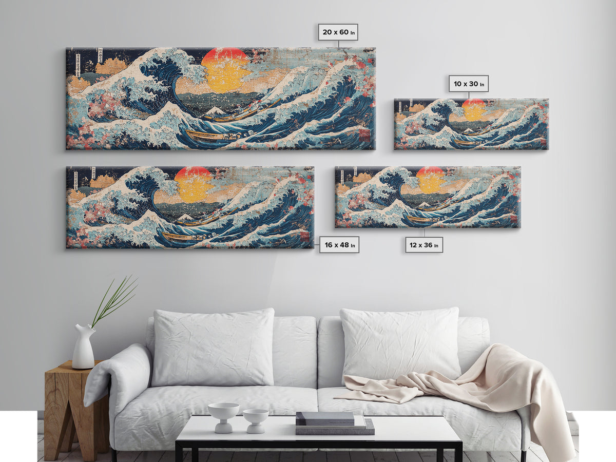 Japanese Ocean Wave And Red Sun Wall Art, Hokusai Inspired Canvas Print, Nautical Coastal Decor, Large Living Room Seascape Print