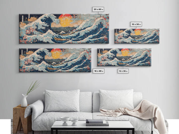 Japanese Ocean Wave And Red Sun Wall Art, Hokusai Inspired Canvas Print, Nautical Coastal Decor, Large Living Room Seascape Print