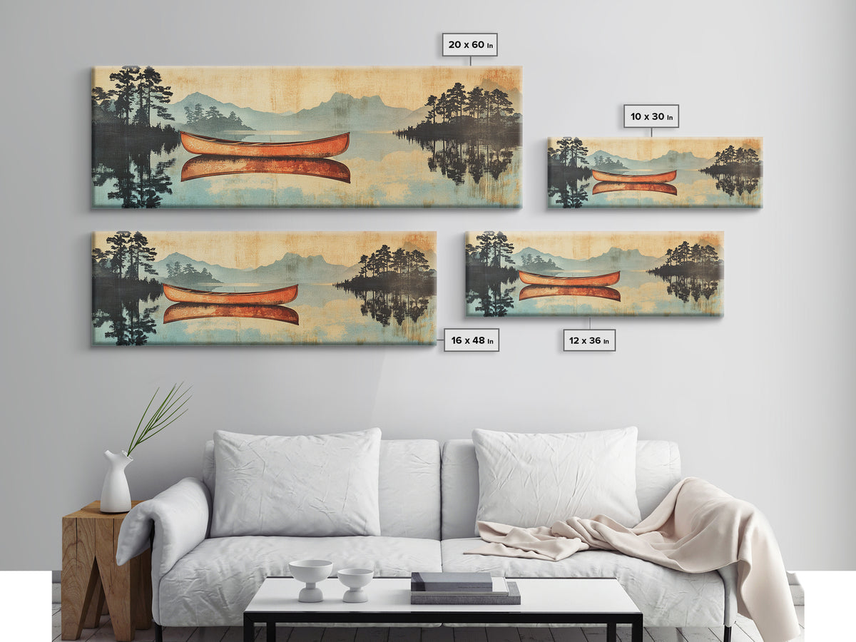 Orange Canoe On Misty Lake Framed Canvas Print, Cabin Wall Art, Rustic Landscape Art, Lake House Living Room Decor, Home Decor