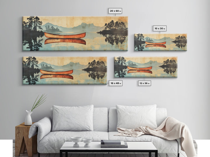 Orange Canoe On Misty Lake Framed Canvas Print, Cabin Wall Art, Rustic Landscape Art, Lake House Living Room Decor, Home Decor