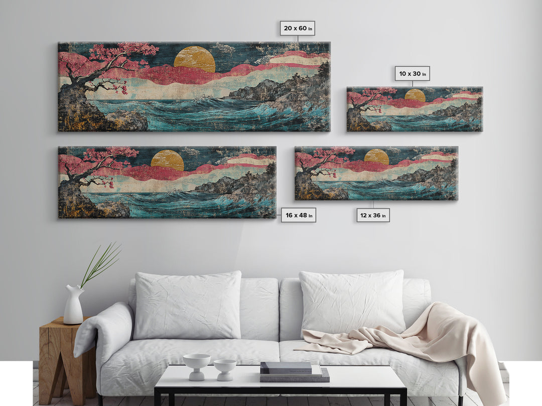 Gold Sun Ocean Wave Canvas Print, Cherry Blossom Japanese Wall Art, Coastal Seascape Art, Large Living Room Decor, Home Decor