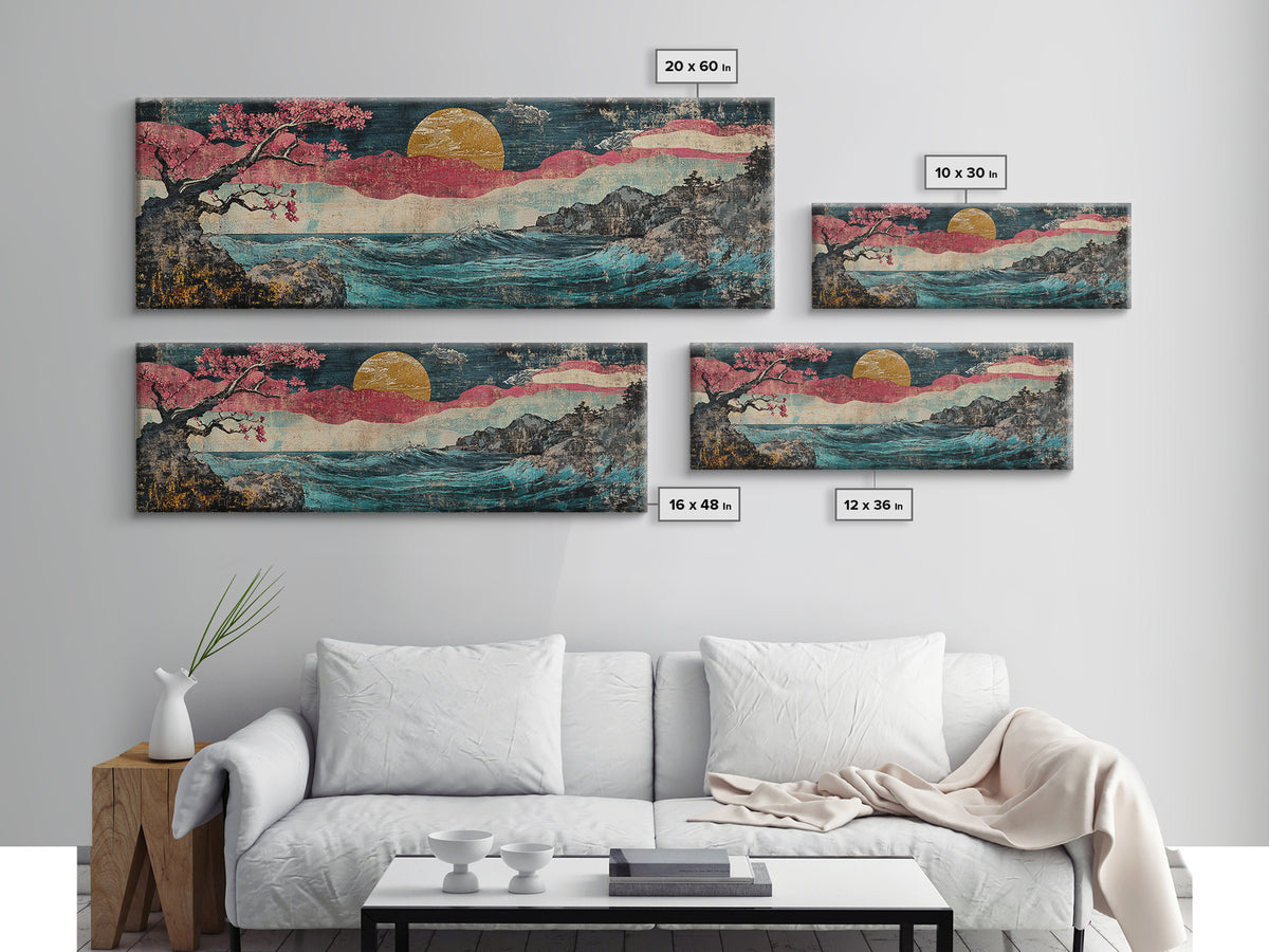 Gold Sun Ocean Wave Canvas Print, Cherry Blossom Japanese Wall Art, Coastal Seascape Art, Large Living Room Decor, Home Decor