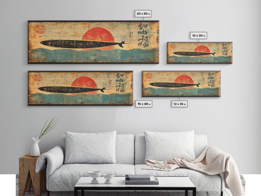 Black Fish Red Sun Framed Canvas Print, Japanese Wall Art, Asian Inspired Ocean Art, Minimalist Living Room Decor, Home Decor