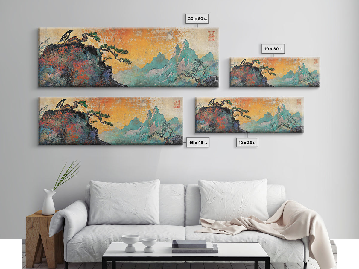 Soaring Bird Rocky Cliff Canvas Print, Teal Mountain Landscape Wall Art, Japanese Nature Art, Large Panoramic Home Decor