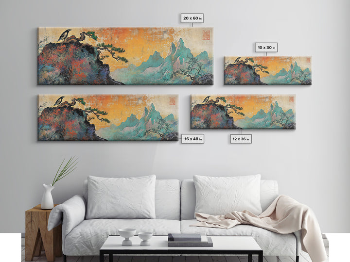 Soaring Bird Rocky Cliff Canvas Print, Teal Mountain Landscape Wall Art, Japanese Nature Art, Large Panoramic Home Decor