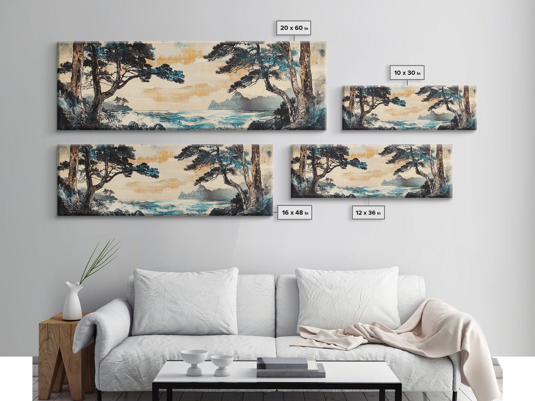 Misty Coastal Cove Canvas Print, Pine Tree Seascape Wall Art, Japanese Inspired Landscape, Large Panoramic Living Room Home Decor