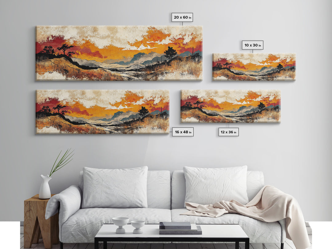 Autumn Valley Sunset Canvas Print, Orange Mountain Landscape Wall Art, Rustic Nature Art, Large Panoramic Home Decor Print