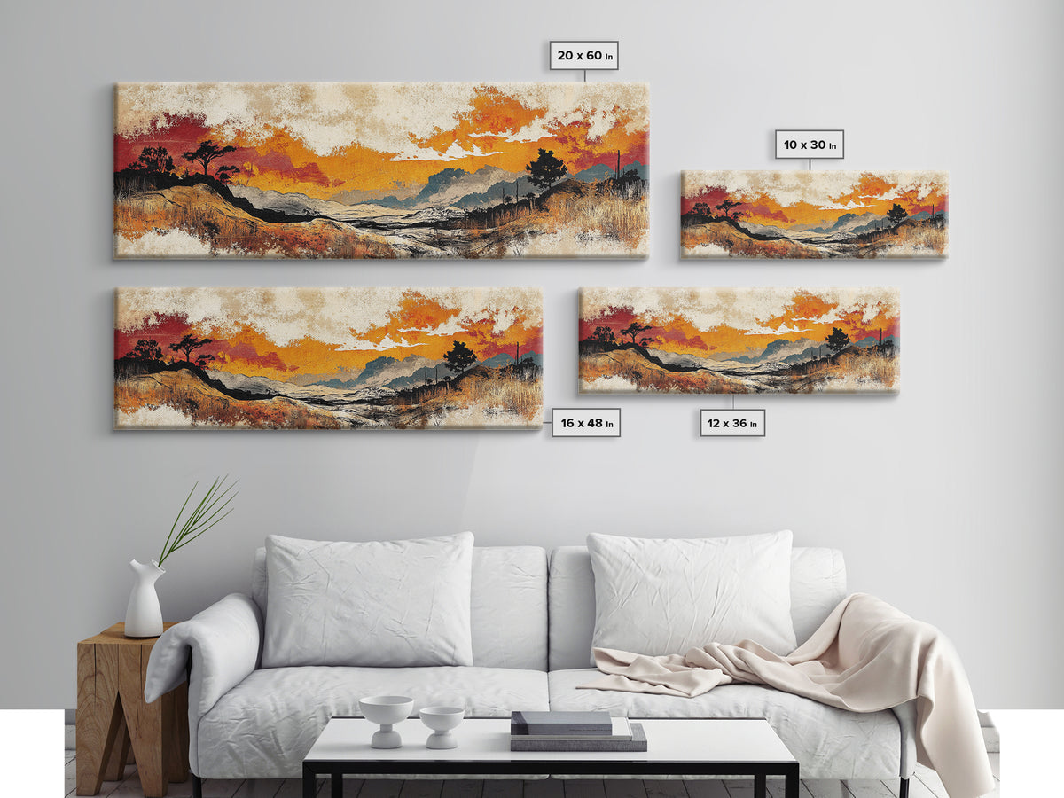 Autumn Valley Sunset Canvas Print, Orange Mountain Landscape Wall Art, Rustic Nature Art, Large Panoramic Home Decor Print