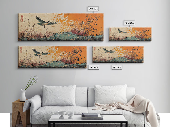 Flying Crane Over Floral Meadow Canvas Print, Japanese Bird Wall Art, Orange Sky Nature Art, Large Living Room Home Decor