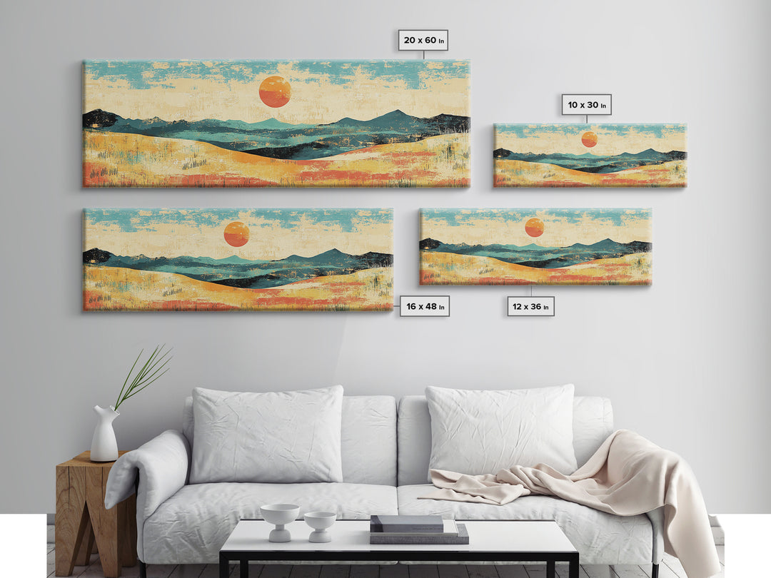 Sun Over Rolling Hills Canvas Print, Minimalist Landscape Wall Art, Mid Century Modern Home Decor, Large Living Room Print