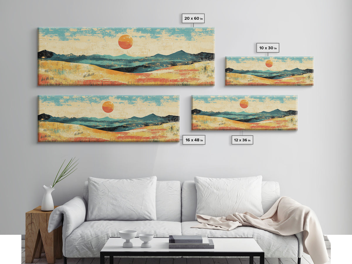 Sun Over Rolling Hills Canvas Print, Minimalist Landscape Wall Art, Mid Century Modern Home Decor, Large Living Room Print