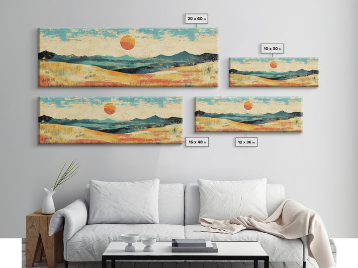 Sun Over Rolling Hills Canvas Print, Minimalist Landscape Wall Art, Mid Century Modern Home Decor, Large Living Room Print