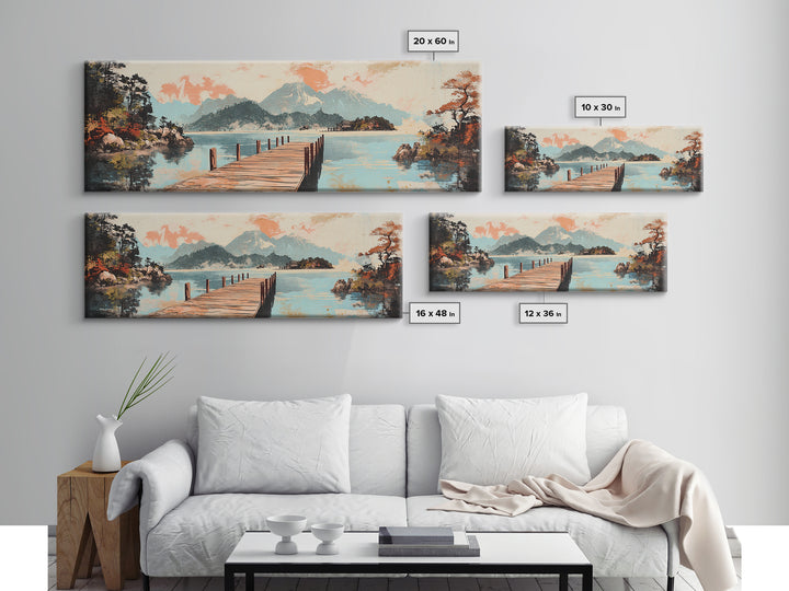 Serene Lake Dock And Mountain Canvas Print, Japanese Landscape Art, Coastal Wall Decor, Peaceful Living Room Decor, Above Sofa Wall Art