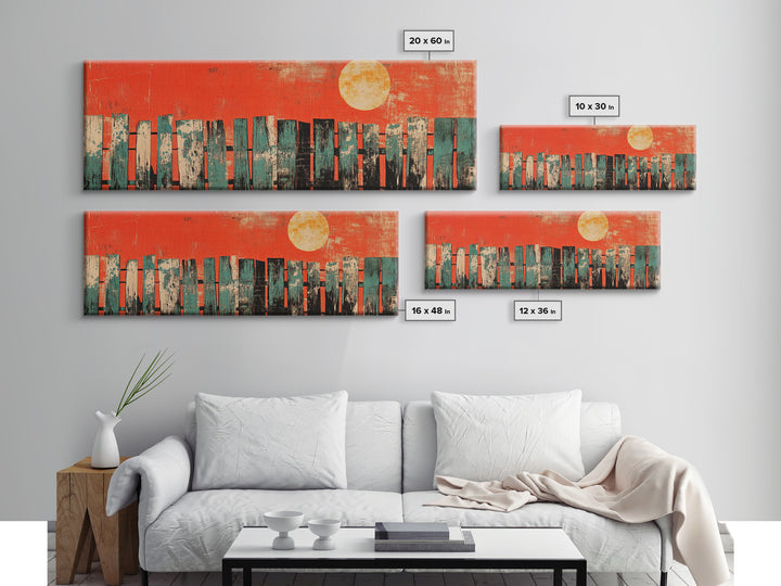 Red Sun Abstract Skyline Wall Art, Mid Century Modern Canvas Print, Urban Living Room Decor, Bold Orange City Poster Print
