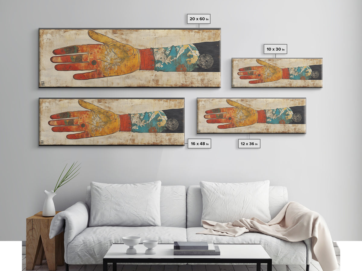 Japanese Hand And Kimono Sleeve Wall Art, Wabi Sabi Framed Canvas Print, Asian Textile Decor, Eclectic Gallery Art For Living Room
