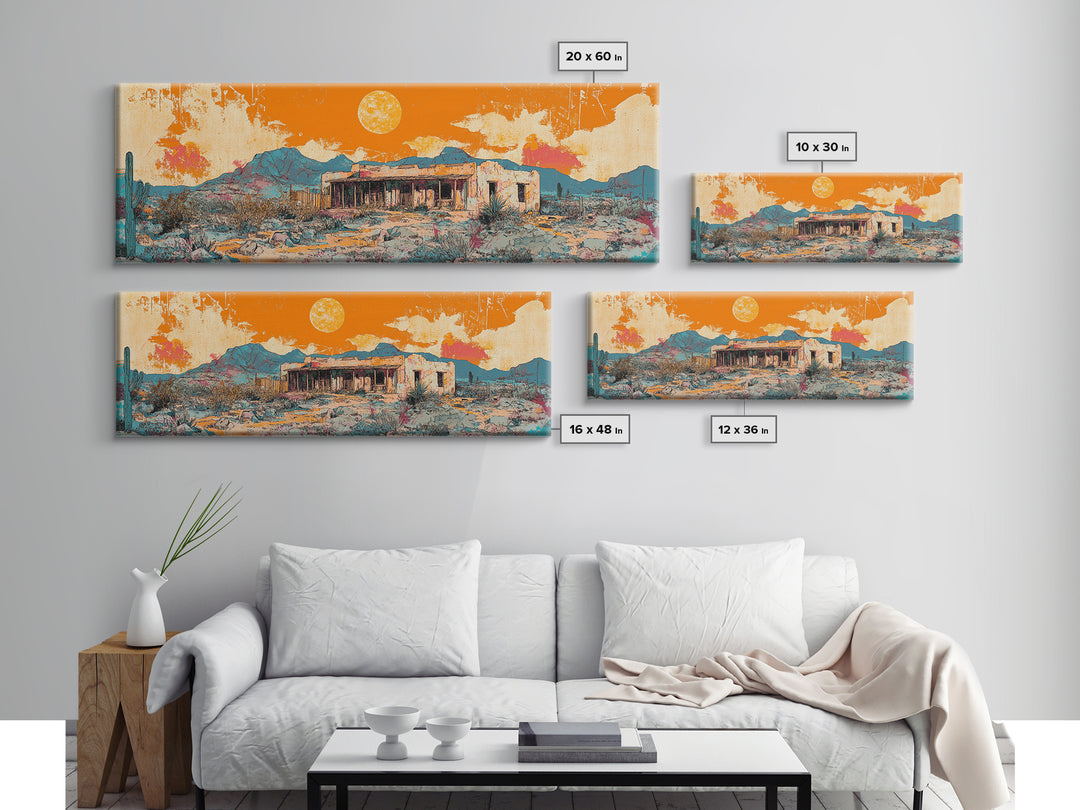 Orange Desert Adobe House Wall Art, Southwestern Landscape Canvas Print, Modern Rustic Home Decor, Santa Fe Style Poster