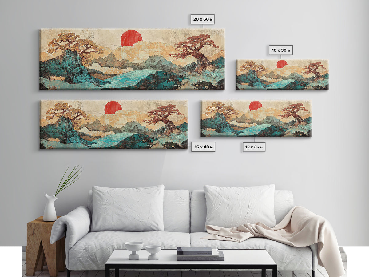 Red Sun Mountain River Landscape Wall Art, Japanese Wall Art, Panoramic Canvas, Japandi Decor, Living Room Wall Decor, Home Decor