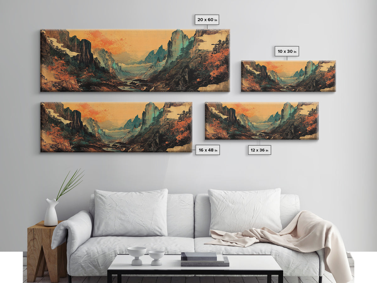Misty Asian Mountain Valley Wall Art, Japanese Landscape, Zen Home Decor, Panoramic Canvas Print, Moody Living Room Wall Art