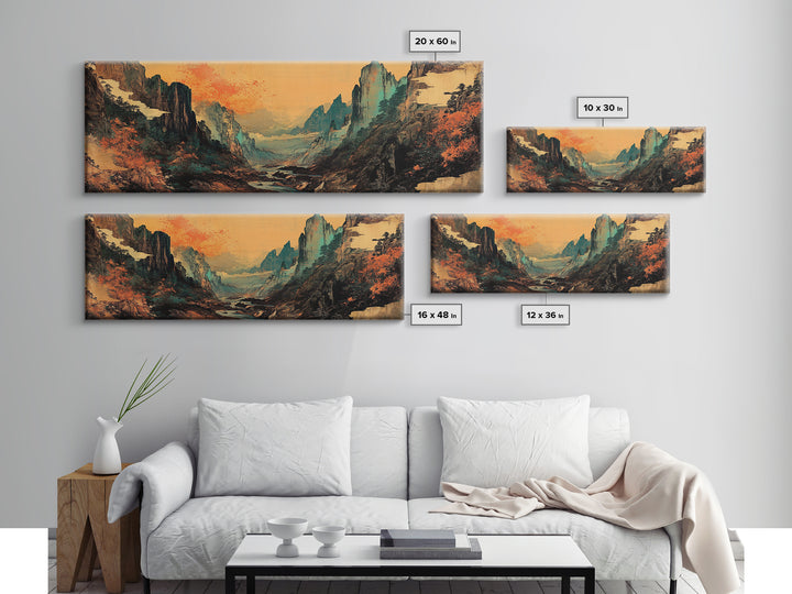 Misty Asian Mountain Valley Wall Art, Japanese Landscape, Zen Home Decor, Panoramic Canvas Print, Moody Living Room Wall Art