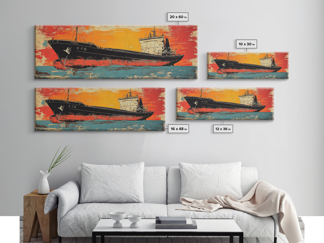 Orange Cargo Ship Seascape Canvas Print, Nautical Wall Art, Industrial Decor, Maritime Art, Ocean Wall Decor, Office Decor