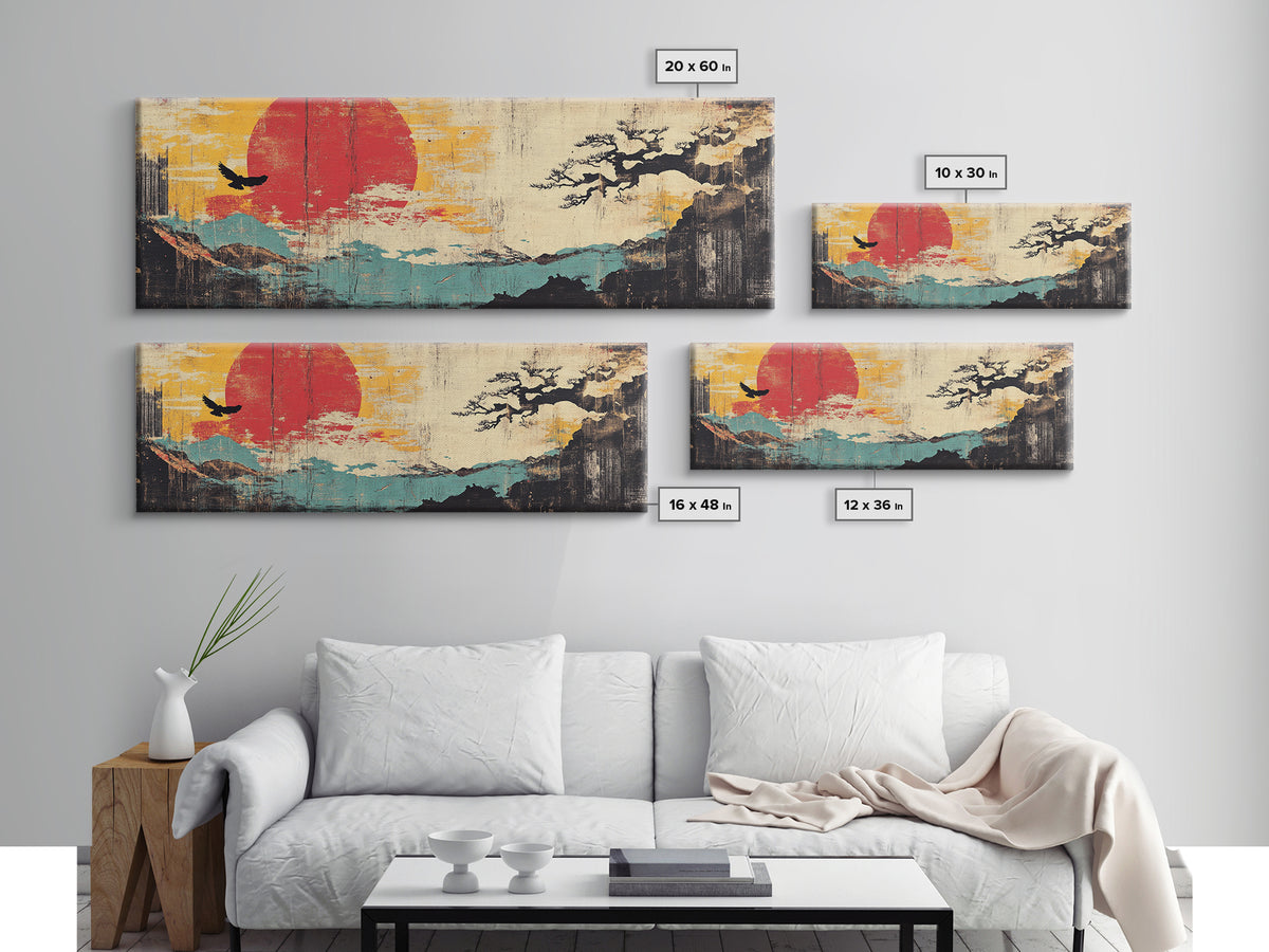 Red Sun Coastal Mountain Wall Art, Japanese Wall Art, Bird Silhouette, Japandi Decor, Panoramic Canvas Print, Home Decor