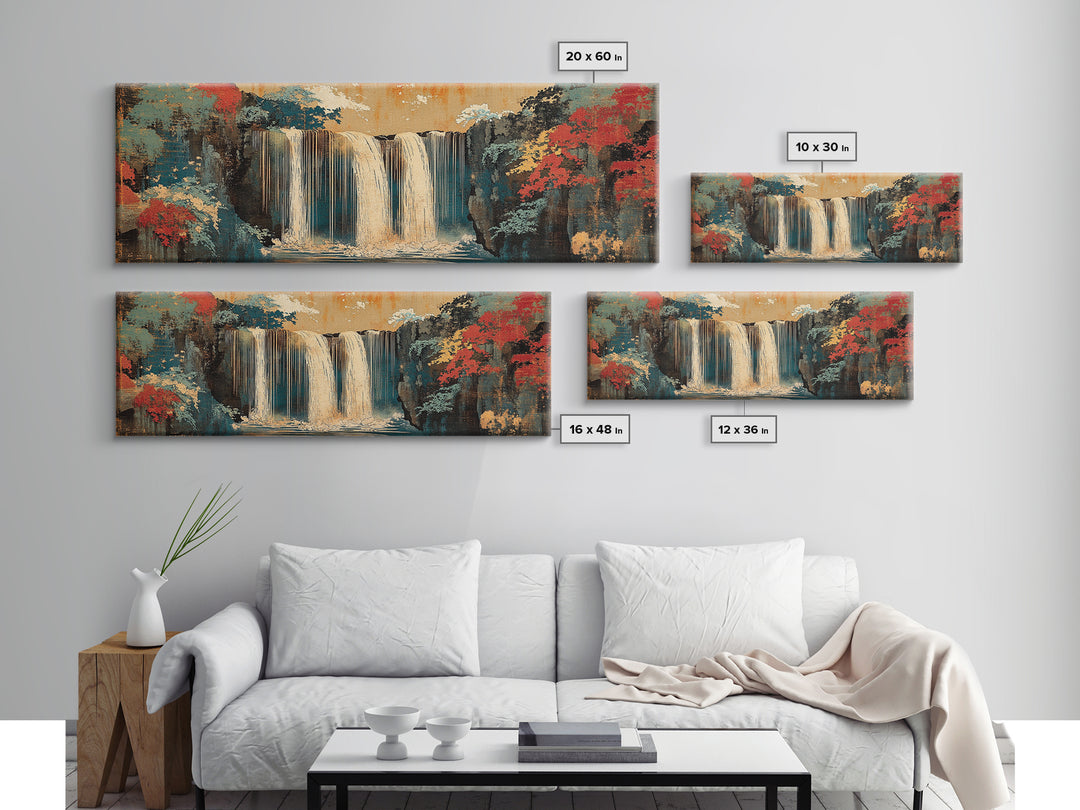 Misty Waterfall And Red Autumn Forest Wall Art, Japanese Landscape Canvas, Panoramic Nature Print, Serene Living Room Decor