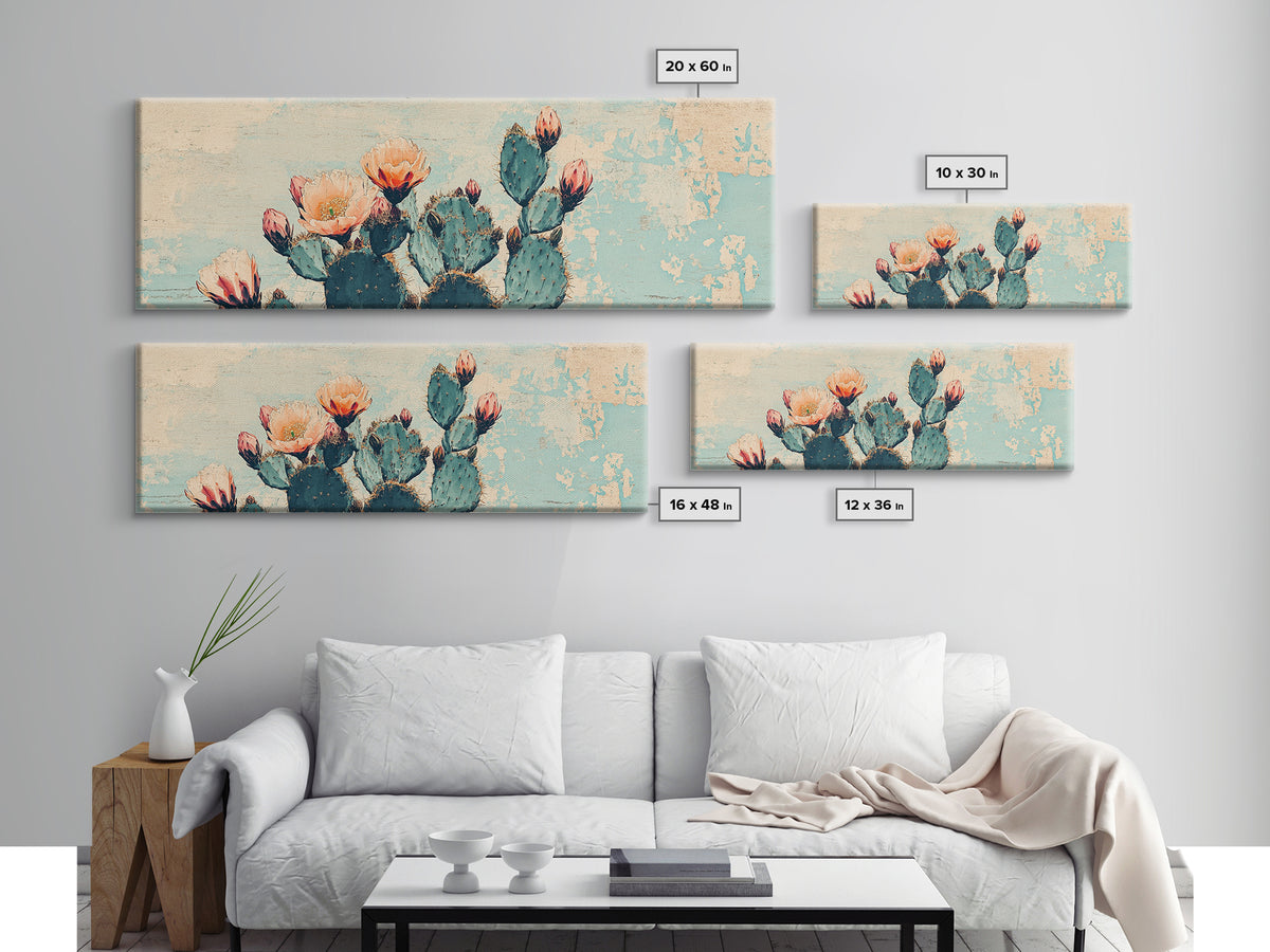 Blooming Prickly Pear Cactus Canvas Print, Southwestern Desert Wall Art, Floral Botanical Decor, Soft Blue Boho Home Decor