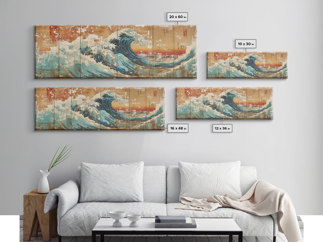 Great Japanese Wave With Golden Sky Canvas Print, Coastal Seascape Wall Art, Ocean Decor, Large Horizontal Living Room Art