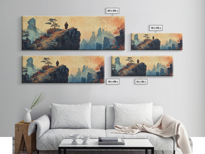 Solitary Monk On Cliff, Misty Asian Mountains Wall Art, Japanese Landscape Print, Zen Home Decor, Panoramic Canvas, Living Room Decor