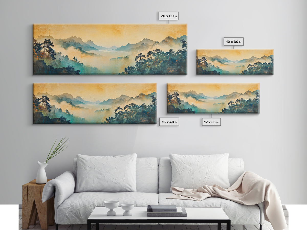 Misty Blue Mountain Valley Framed Canvas Print, Asian Landscape Wall Art, Zen Home Decor, Large Panoramic Nature Print, Office Decor