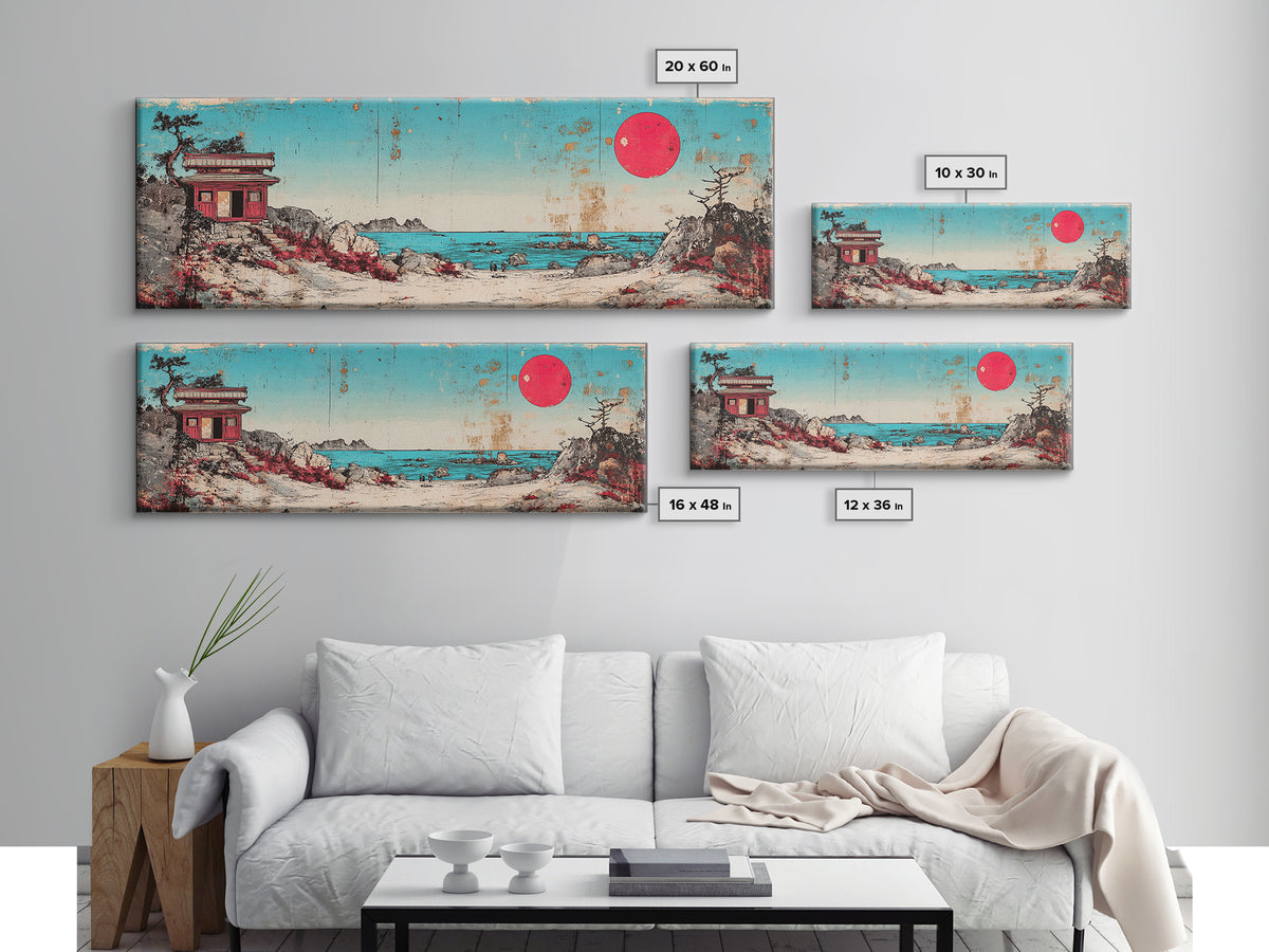 Seaside Shrine With Red Sun Wall Art, Japanese Coastal Print, Retro Pagoda Decor, Zen Ocean Landscape Canvas Gift For Home Decor