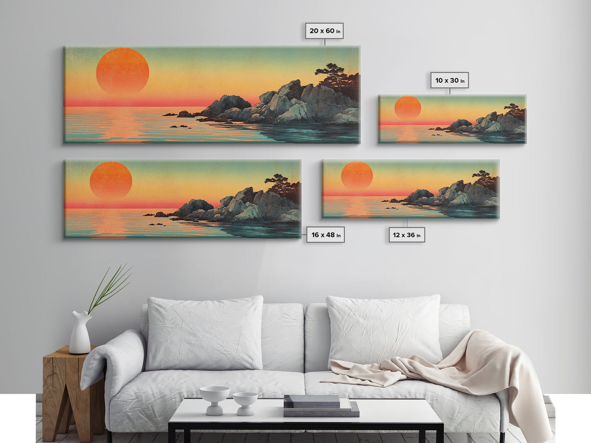 Orange Sunset Over Rocky Shore Wall Art, Japanese Coastal Seascape Print, Serene Ocean Decor, Large Horizontal Canvas Gift
