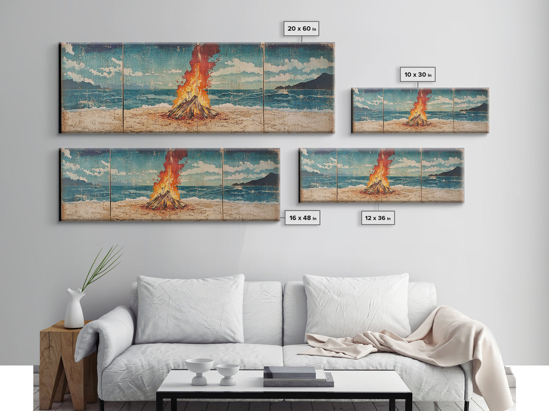 Beach Bonfire Beside Blue Ocean Wall Art, Coastal Triptych Print, Summer Seascape Decor, Large Framed Canvas Print Gift For Her