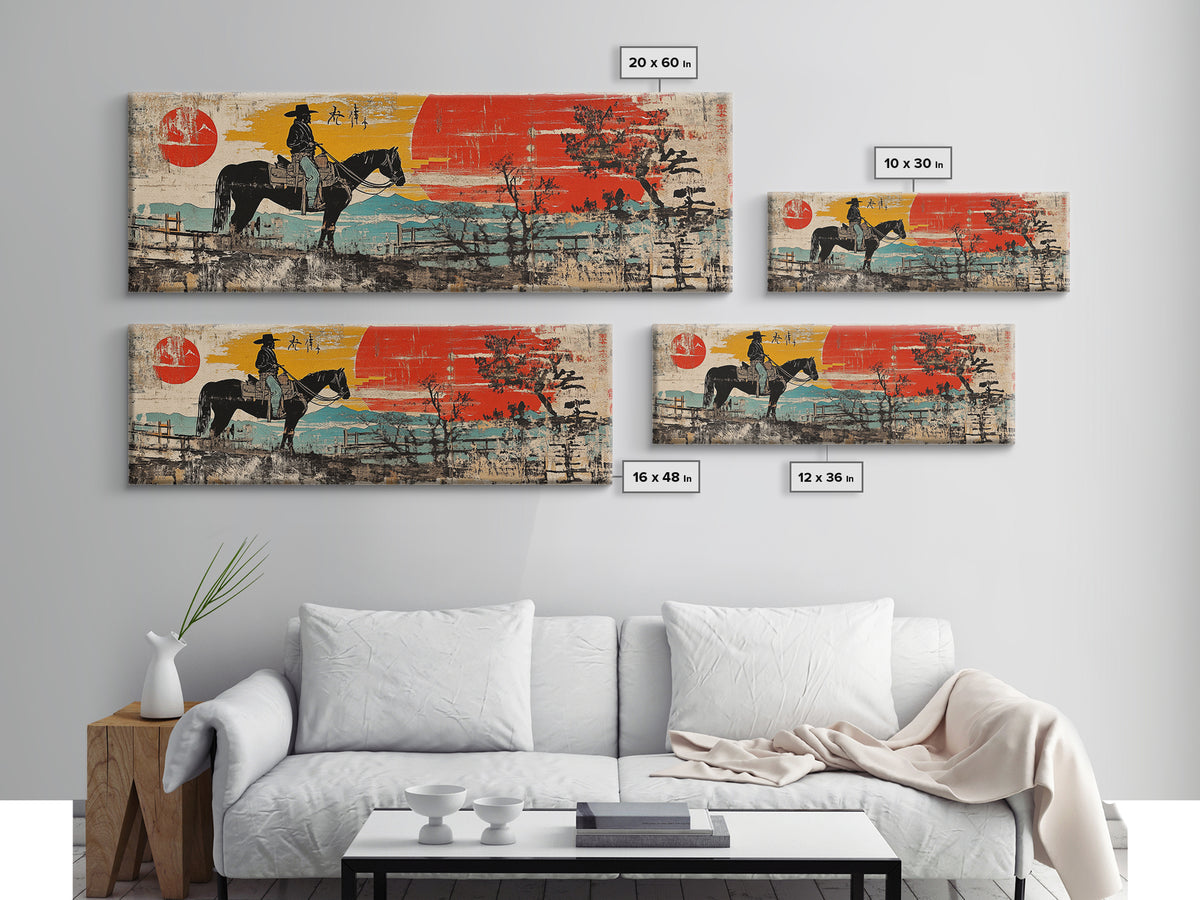 Cowboy On Horse By Red Barn Canvas Print, Rustic Western Landscape Wall Art, Farmhouse Country Decor, Ranch House Gift Idea