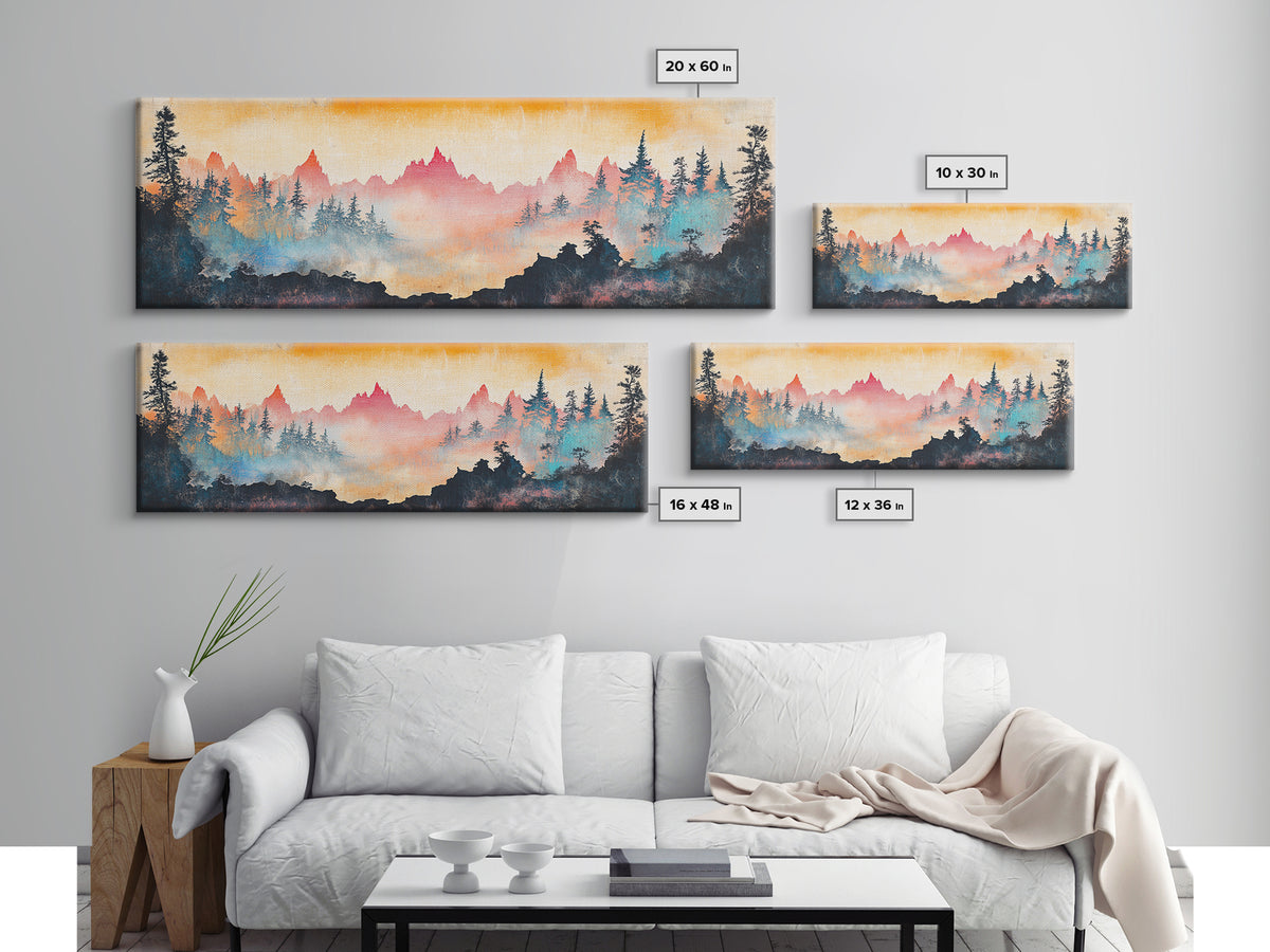 Misty Mountain Forest Sunrise Canvas Print, Panoramic Landscape Wall Art, Nature Inspired Living Room Home Decor, Cabin Decor
