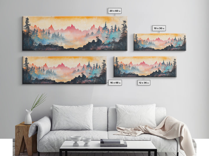 Misty Mountain Forest Sunrise Canvas Print, Panoramic Landscape Wall Art, Nature Inspired Living Room Home Decor, Cabin Decor