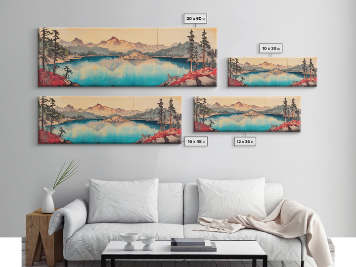 Turquoise Alpine Lake And Pine Mountain Wall Art, Panoramic Landscape Canvas Print, Rustic Cabin Living Room Home Decor Print