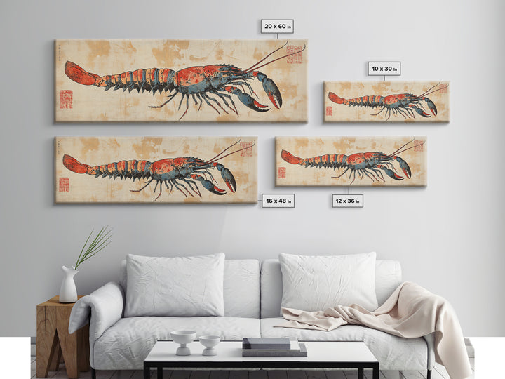 Red Lobster Illustration On Aged Parchment Wall Art, Nautical Seafood Canvas Print, Coastal Kitchen Dining Room Decor Foodie Gift