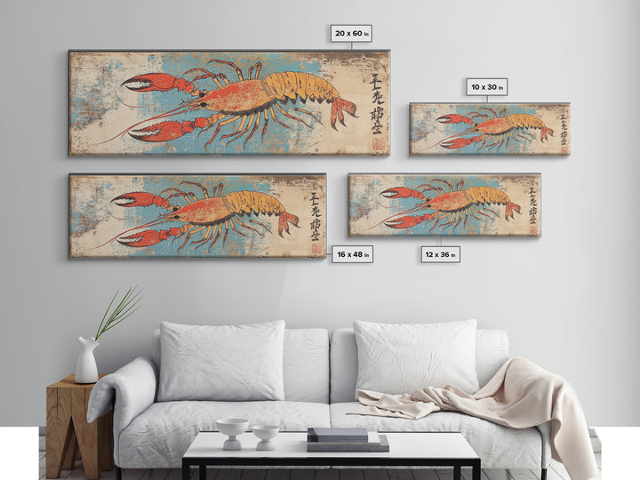 Orange Lobster On Weathered Blue Background Wall Art, Nautical Seafood Canvas Print, Coastal Kitchen Dining Room Decor Gift