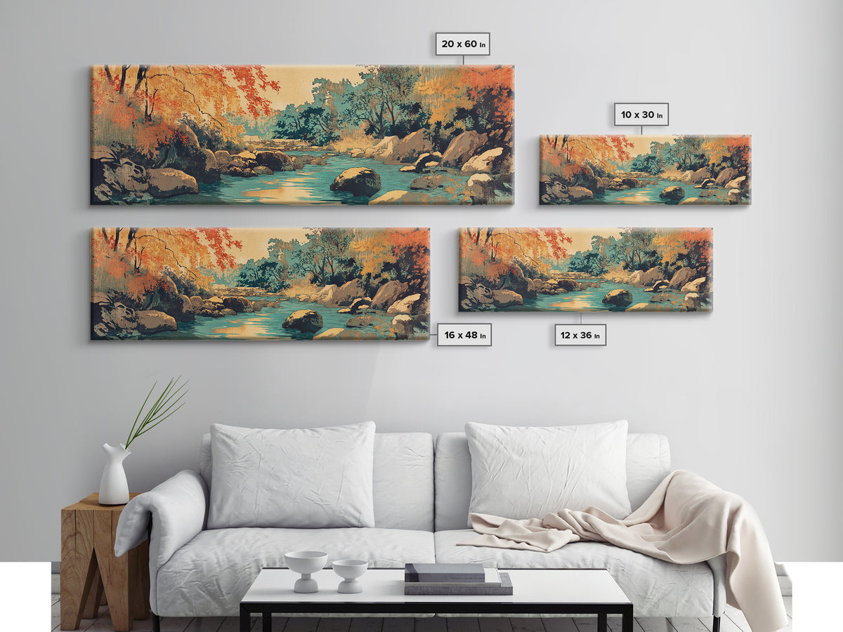 Autumn Forest River With Rocks Wall Art, Rustic Landscape Canvas Print, Warm Nature Living Room Cozy Cabin Home Decor Gift
