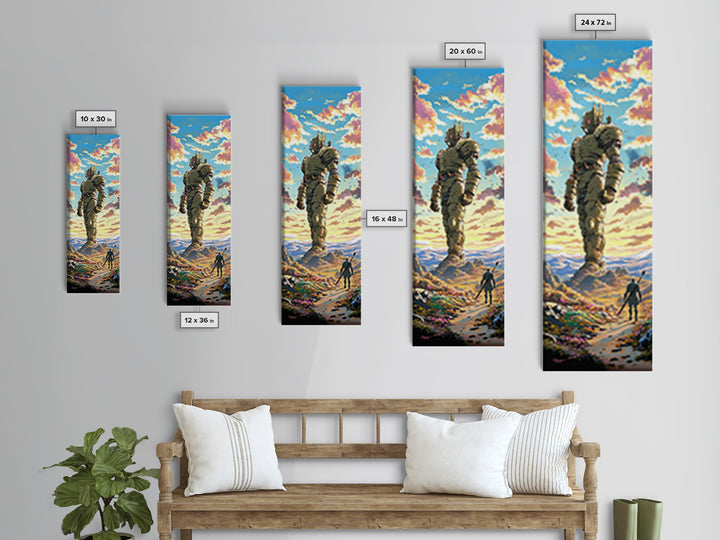 Colossal Stone Golem In Sunset Valley Wall Art, Fantasy Landscape Canvas Print, Epic Sci Fi Decor For Gamer Room And Living Room