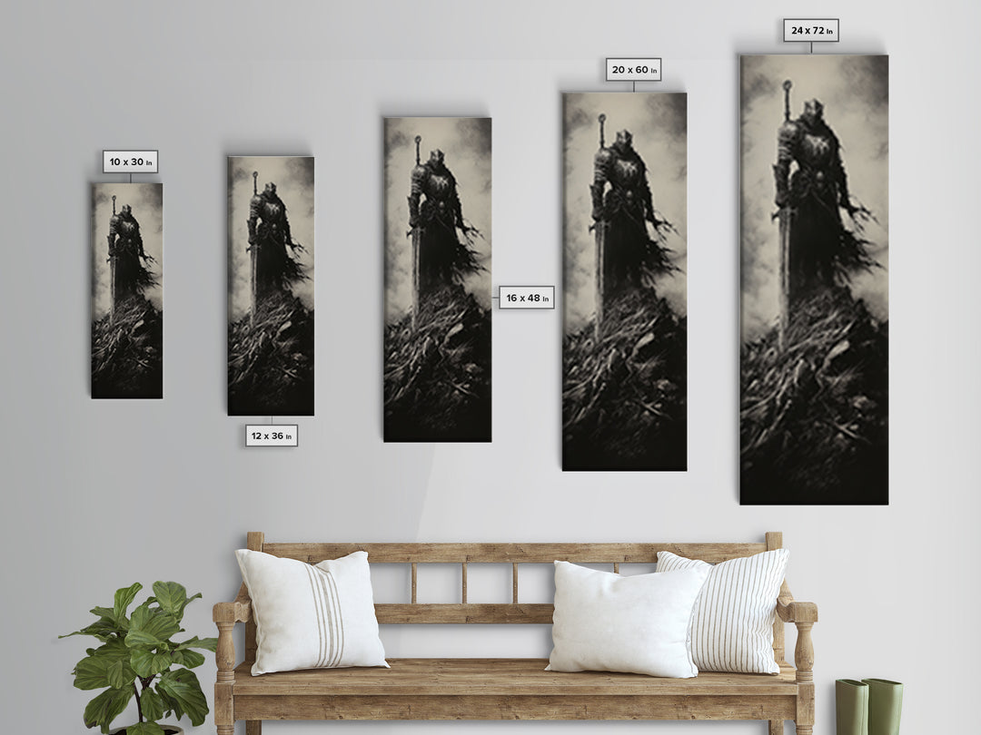 Dark Armored Knight With Sword Black And White Wall Art, Gothic Fantasy Canvas Print, Dark Academia Decor, Gift For Him Or Office Decor