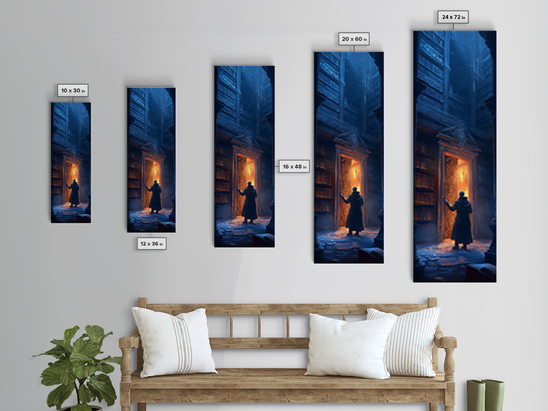 Glowing Portal Door In Dark Gothic Library Wall Art, Fantasy Bookstore Canvas Print, Dark Academia Decor For Reading Nook