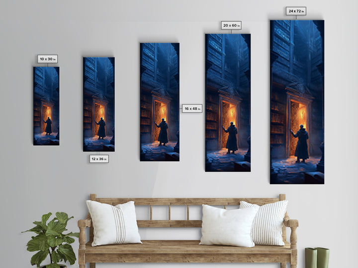 Glowing Portal Door In Dark Gothic Library Wall Art, Fantasy Bookstore Canvas Print, Dark Academia Decor For Reading Nook