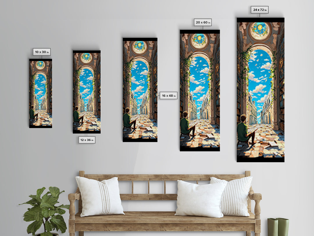 Sunlit Ruined Library Hall With Open Sky Wall Art, Whimsical Fantasy Canvas Print, Book Lover Decor For Reading Nook And Home Library