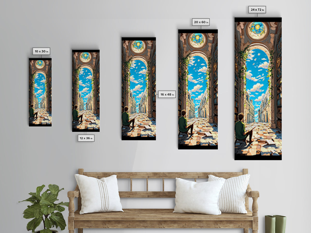 Sunlit Ruined Library Hall With Open Sky Wall Art, Whimsical Fantasy Canvas Print, Book Lover Decor For Reading Nook And Home Library