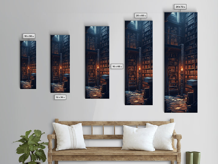 Moody Old Library With Tall Shelves And Candlelight Wall Art, Dark Academia Canvas Print, Gothic Home Library Wall Decor