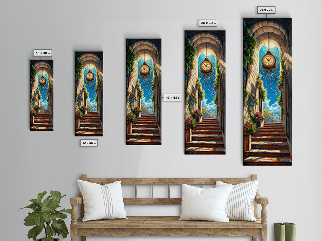 Golden Hanging Clock In Sunlit Stone Alley Wall Art, Fantasy City Canvas Print, Whimsical Travel Poster, Entryway Decor Gift